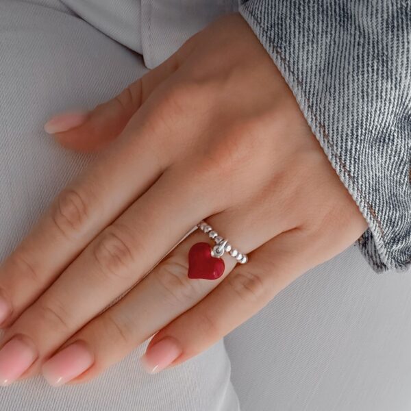 Rode Puff Hart Bedelring - Sterling Zilver met Emaille Hart